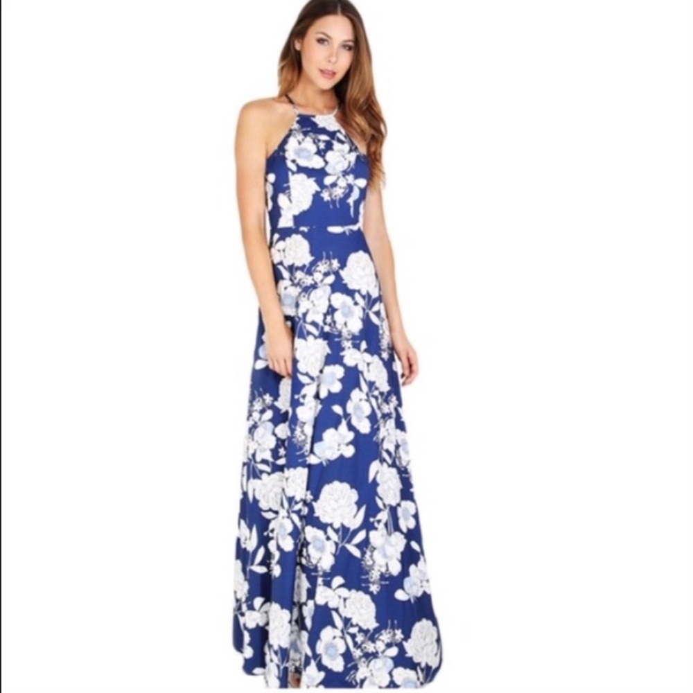 Lulu's Blue Floral Maxi Dress- Large - High Neck